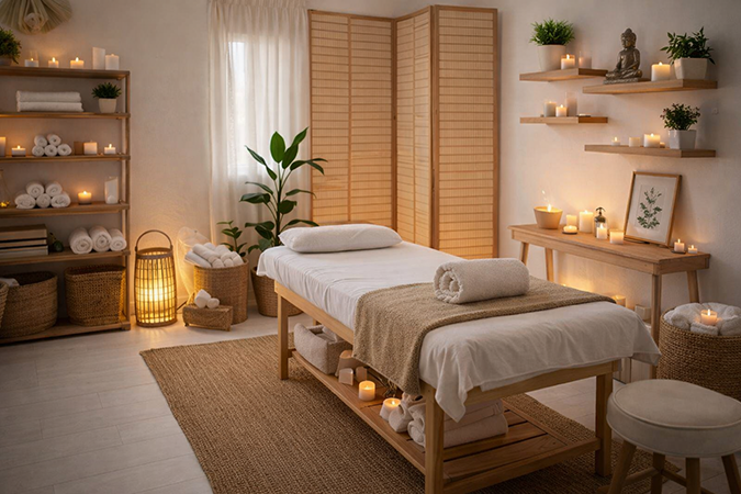 Luxury Massage Studio Vienna 1070 Neubau premium massage room interior marble floor gold decor treatment table relaxing spa ambiance professional therapeutic massage Austria