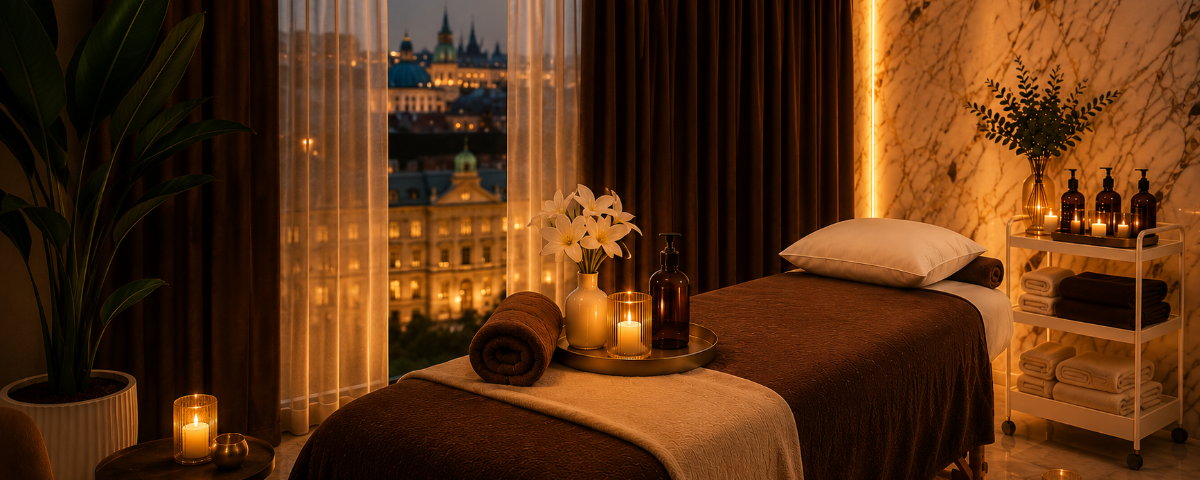 Luxury massage treatment room in Vienna featuring a premium wellness spa with elegant marble interior, ambient lighting, massage table, and relaxing atmosphere for professionals seeking stress relief and recovery.