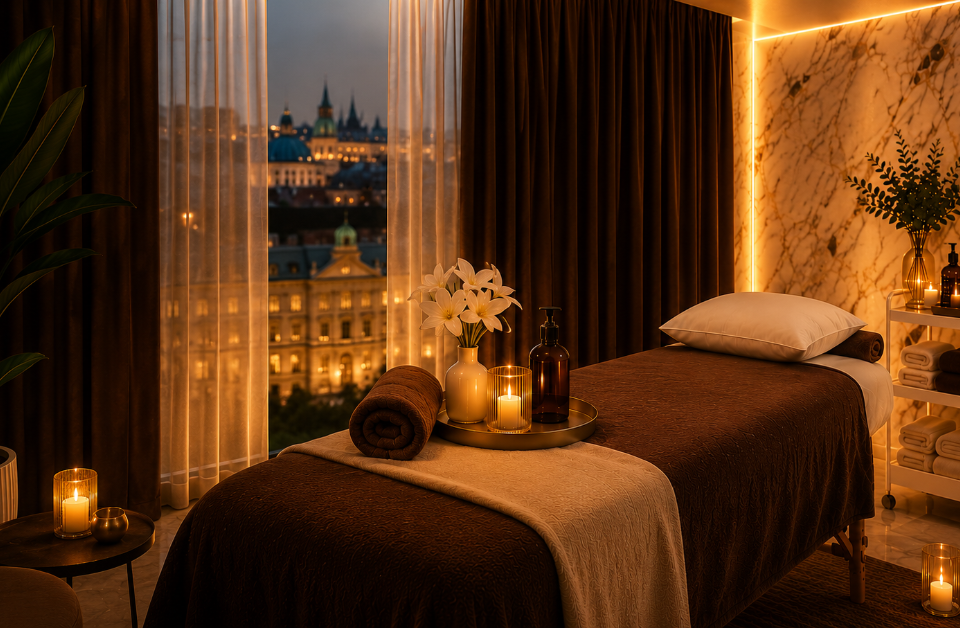 Luxury massage treatment room in Vienna featuring a premium wellness spa with elegant marble interior, ambient lighting, massage table, and relaxing atmosphere for professionals seeking stress relief and recovery.