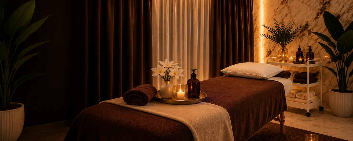 Luxury Massage Studio Vienna 1070 Neubau premium massage room interior marble floor gold decor treatment table relaxing spa ambiance professional therapeutic massage Austria
