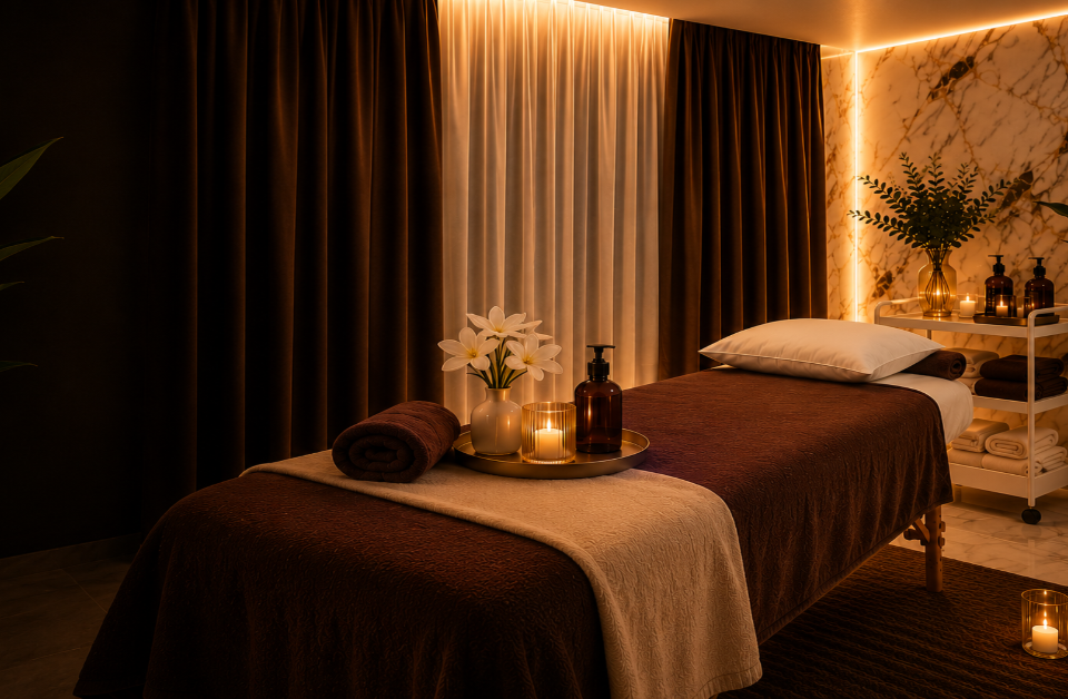 Luxury Massage Studio Vienna 1070 Neubau premium massage room interior marble floor gold decor treatment table relaxing spa ambiance professional therapeutic massage Austria