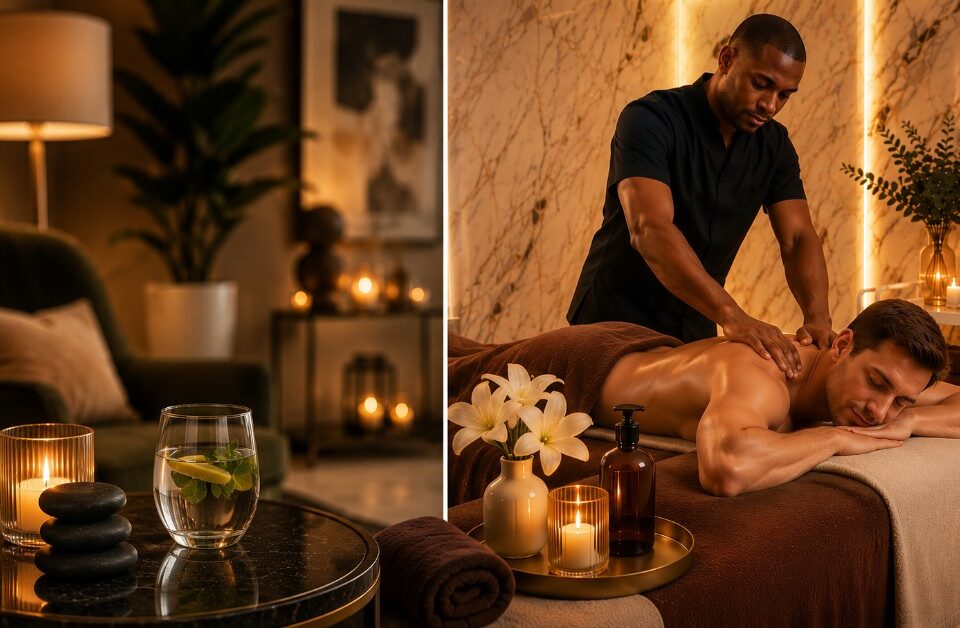 Weekly massage therapy session at a luxury wellness spa in Vienna featuring a professional massage therapist providing a premium therapeutic massage in an elegant marble treatment room for stress relief and muscle recovery.
